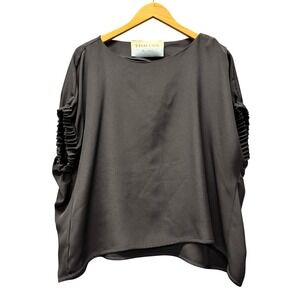 Tish Cox Blouse Womens Small Ruched Short Sleeve Black Designer Boxy Fit Chic